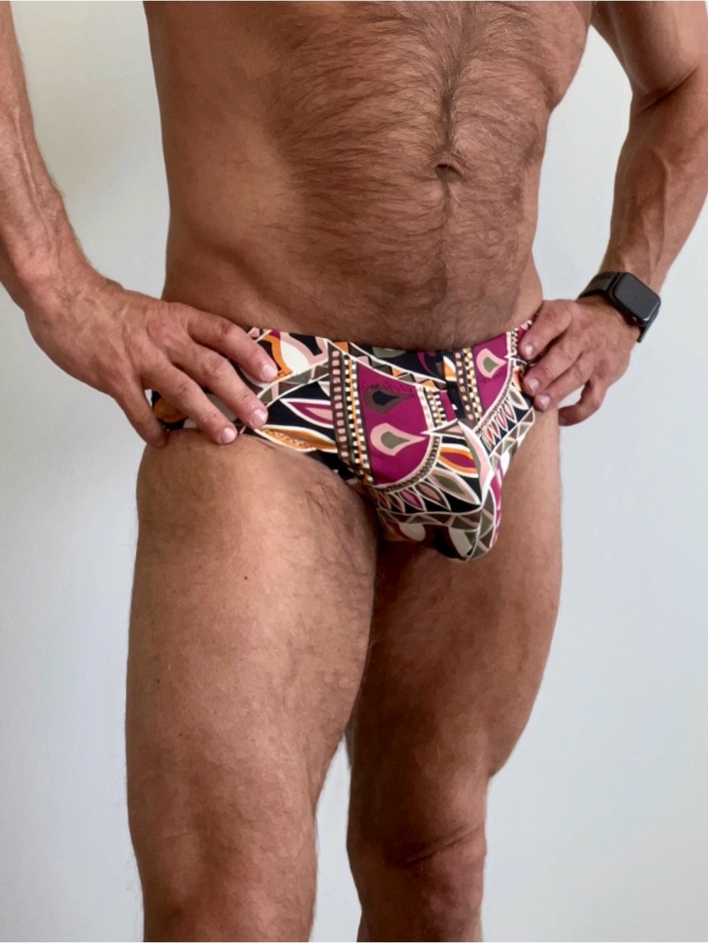 Men's Patterned Red Swim Briefs – Low-Rise Support